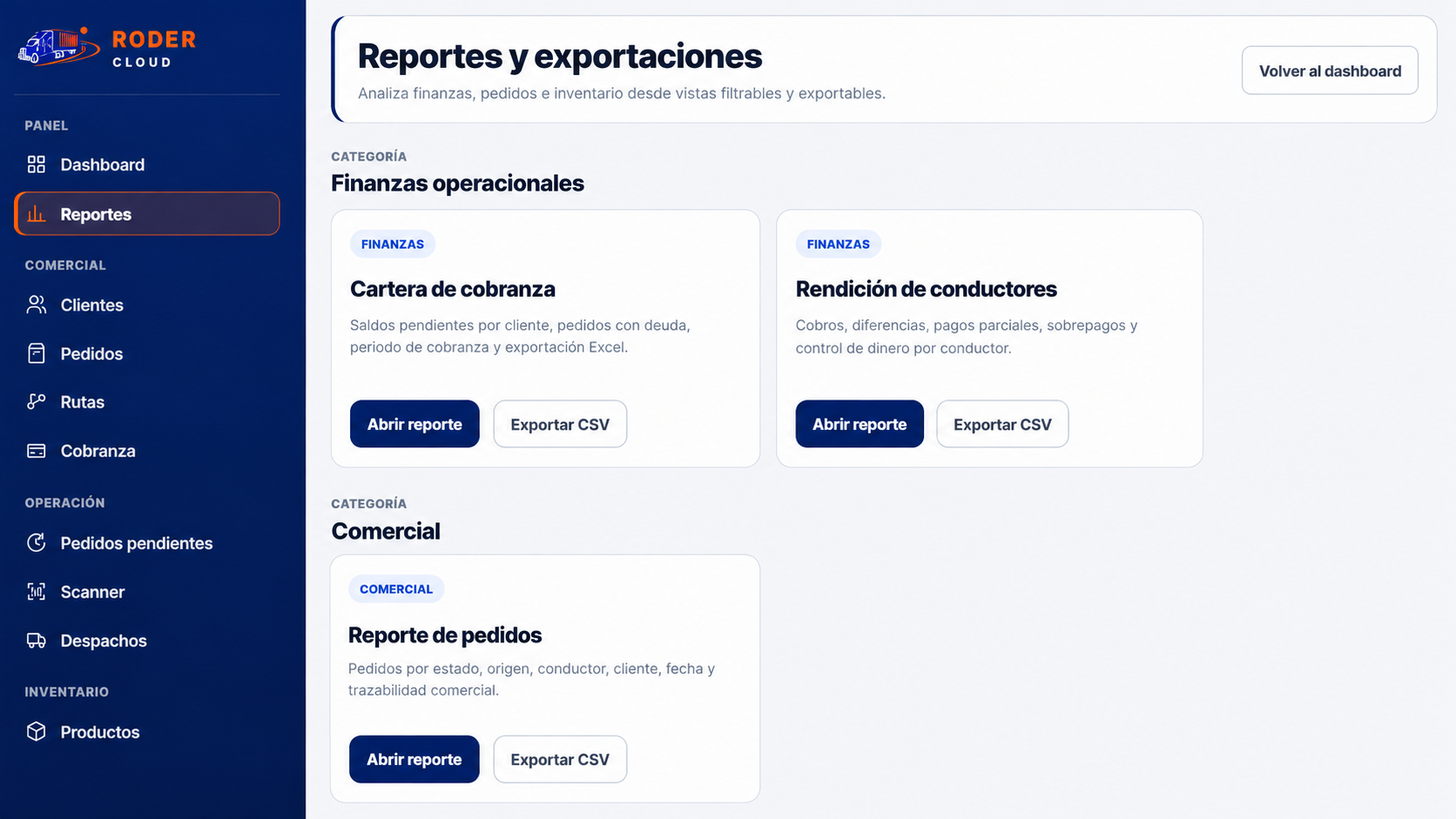 Catálogo de reportes y exportaciones de Roder Cloud